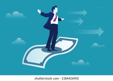 Money Gives You Freedom Concept. Businessman Flying On A Flying Carpet Dollar Banknote, Arrows Forward Direction. Eps 10 Vector Illustration, Minimalist White Blue Flat Business Style Modern Design.