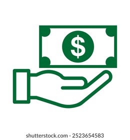 Money giving hand, budget, savings, loan, cash, earning, income, wallet, currency, dollar, card, coin, revenue, piggy bank, and profit icon. Finance business icon, illustration, eps