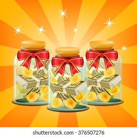 Money in the glass jar. Award of successful investing. Bonuses for employees. Special compensation. New year gift. Reward for hard work.No.2