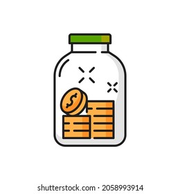 Money in glass jar moneybox isolate color line icon. Vector growth of income and savings, investment and wealth symbol, pile heap of gold coins. Business success, insurance, saving money in moneybox