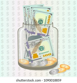 Money in a glass jar on a light green background, isolated vector illustration