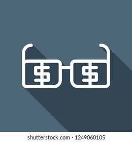 Money glasses with dollas sign. Finance icon. White flat icon with long shadow on blue background