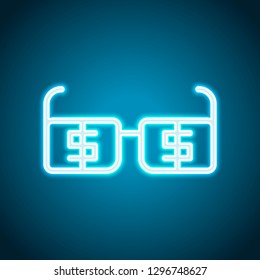 Money glasses with dollas sign. Finance icon. Neon style. Light decoration icon. Bright electric symbol