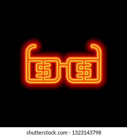 Money glasses with dollas sign. Finance icon. Orange neon style on black background. Light icon