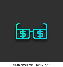 Money glasses with dollas sign. Finance icon. Colorful logo concept with soft shadow on dark background. Icon color of azure ocean