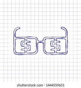 Money glasses with dollas sign. Finance icon. Hand drawn picture on paper sheet. Blue ink, outline sketch style. Doodle on checkered background