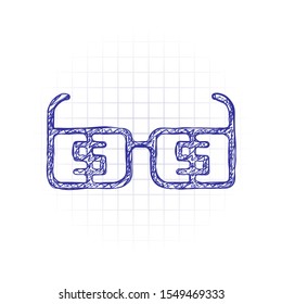 Money glasses with dollas sign. Finance icon. Hand drawn sketched picture with scribble fill. Blue ink. Doodle on white background