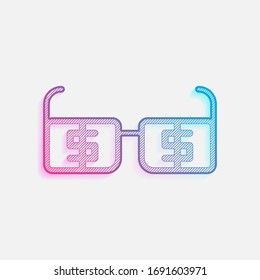 Money glasses with dollas sign. Finance icon. Colored logo with diagonal lines and blue-red gradient. Neon graphic, light effect