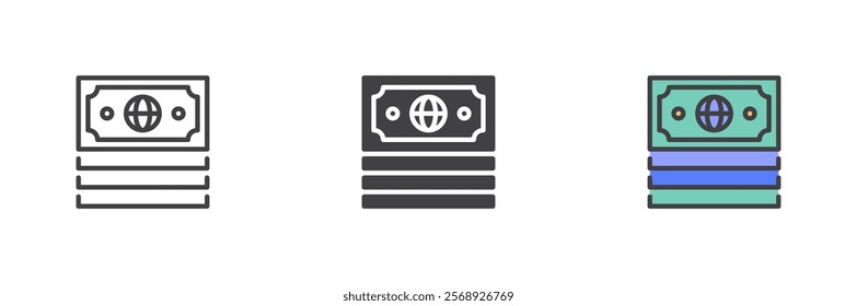 Money with globe icon. Economy line and glyph version, outline and filled vector sign. linear and full pictogram. Money flow symbol, logo illustration. Different style icons set