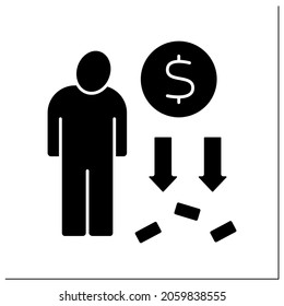 Money glyph icon. Person loses all cash. Total poverty. Poorness concept. Filled flat sign. Isolated silhouette vector illustration