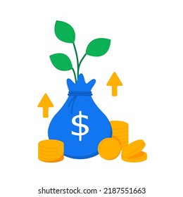 money gold coin bag with grow up plant for financial investment profit return vector illustration flat graphic design