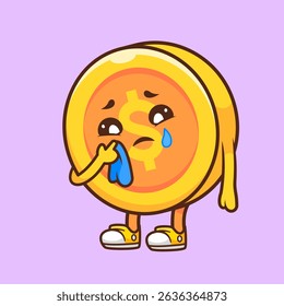 Money Gold Coin Crying Cartoon Vector Icon Illustration. Business Finance Icon Concept Isolated Premium Vector. Flat Cartoon Style