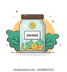 Money and Gold Coin in Glass Jar. Money Saving Concept