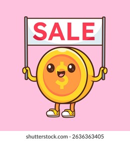 Money Gold Coin Holding Sale Board Cartoon Vector Icon Illustration. Business Finance Icon Concept Isolated Premium Vector. Flat Cartoon Style