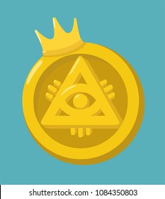 Money gold coin icon with crown. The coin depicts the Masonic symbol - the all-seeing eye.