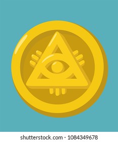 Money gold coin icon. The coin depicts the Masonic symbol - the all-seeing eye.