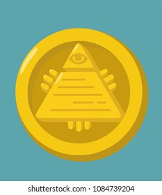 Money gold coin icon. The coin depicts the Masonic symbol - a pyramid with an all-seeing eye.