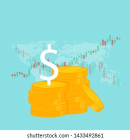 Money gold coin stack element for business financial and investment concept.with graph and money icon