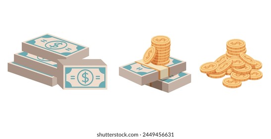 Monedas de oro de dinero pila de Paquetes banca de ahorro conjunto aislado colección. Ilustración de dibujos animados de Diseño gráfico plano de Vector