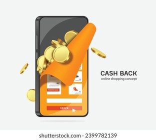 A lot of money or gold coins come out of smartphone screen after customer presses online ordering button. For designing cash back or refund promotions, vector 3d isolated for online shopping concept