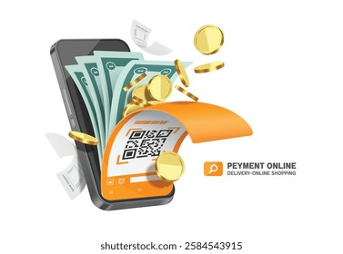 Money or gold coins and dollar bills in front of smartphone after customer scans to pay online via QR code on mobile phone, vector 3d isolated for E-commerce, online shopping, delivery concept