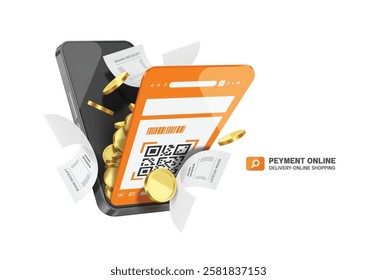 Money or gold coins and a receipt or invoice paper come out of smartphone after customer scans barcode to pay for services online, vector 3d illustration isolated for Payment via online wallet design