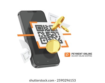 Money or gold coins and a receipt or invoice paper come out of smartphone after customer scan QR code to pay for services online, vector 3d illustration isolated for Payment via online wallet design