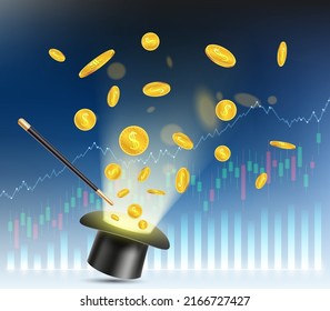 Money golden coins dollars fly out of the magic hat on the background of financial graphs and charts. vector illustration