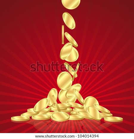 Money golden rain, falling gold coins on red background. vector illustration