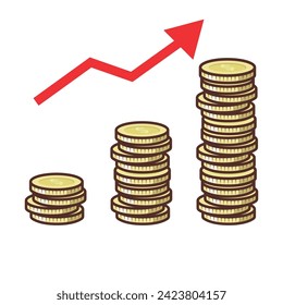 Money golden stacks and red arrow on white background. Vector illustration banner, poster	
