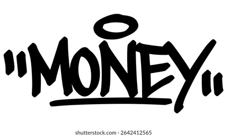 Money graffiti tag in bold black ink with expressive handstyle. Vector street art lettering on transparent background. Perfect for wealth, hustle, and urban culture vibes.
