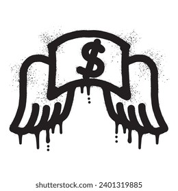 Money graffiti with wings drawn with black spray paint