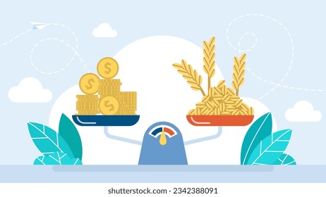 Money and grain are on scales. Wheat grains. Agricultural business. Graph growing grain crops. Wheat growth. High price. Increase income. New high harvest. Natural organic food. Vector illustration