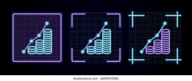 Money graph illustration, cyber neon visual, glowing border grid vector.