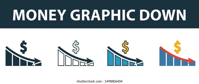 Money Graphic Down icon set. Four elements in diferent styles from money icons collection. Creative money graphic down icons filled, outline, colored and flat symbols.