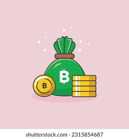 Money in a green sack and a pile of gold bitcoin coins are designed in flat cartoon style. Bitcoin Sack. Finance concept.