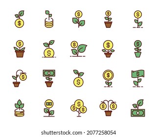 Money Grow Line Icon Set. 