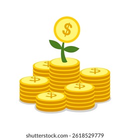 Muito Dinheiro com Moedas de Planta Crescente. Conceitos de crescimento financeiro, incluindo árvore, símbolo de dólar, pilhas de moedas. Perfeito para negócios, economia, investimento, fundo, design de ilustração de vetor plano econômico.