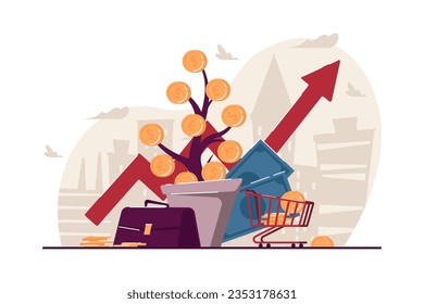 Dinero creciendo en la ilustración del vector del árbol. Flecha arriba para el éxito empresarial, billetes de dólares y carrito de compras con monedas. Crecimiento financiero, prosperidad, concepto bancario