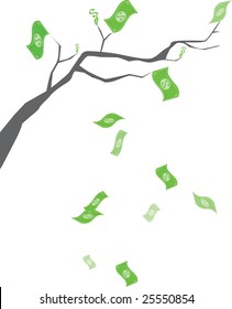 Money Growing on trees - dollar bills and dollar signs growing on branches and falling from tree