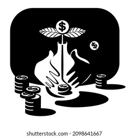 Money are growing out of a handful of coins. Stacks of coins. Person who grows money in a bottle.Business metaphor.