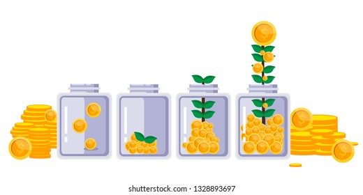 Money growing plant step with deposit coin in bank concept