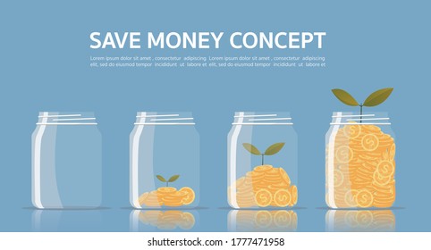 Money growing plant step with deposit coin in bank concept
