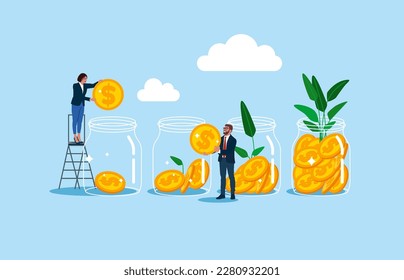 Money growing plant step with deposit coin in bank. Global business investment. Capital money growth. Flat vector illustration