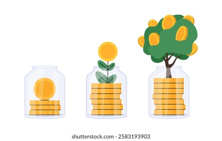 Money growing. Savings and investment concept. Money growing in glass jar. Profit on deposit in bank and dividend for invest. Vector illustration isolated on white.