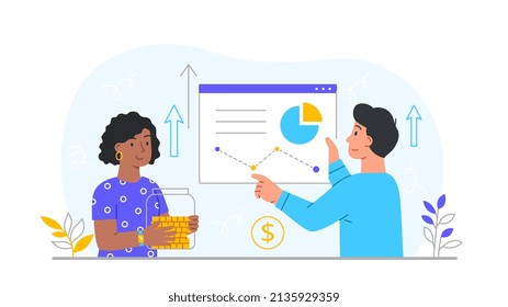 Money grows concept. Woman and man analyze charts. Working with statistics, company growing, development of organization. Employees counting profit and cash. Cartoon flat vector illustration