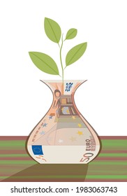 
Money grows. Investments that pay off. 50 euro banknote in the shape of a vase with a green sprout coming out