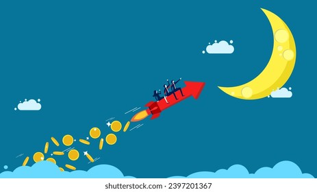 Money grows. team of Business controls arrows to scatter money in the sky. Vector 