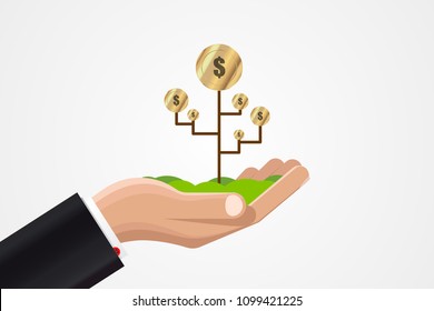 Money growth in businessman hand. Business concept. Vector illustration