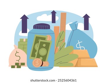 Conceito de crescimento monetário. Notas e moedas de ouro em bancos perto de contas bancárias. Alfabetização financeira e renda passiva Investir e negociar, economia, ganhos. Ilustração de vetor plano